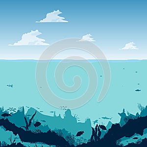 Silhouette of fish and algae on the background of reefs. Underwater ocean scene. Deep blue water, coral reef and underwater plants